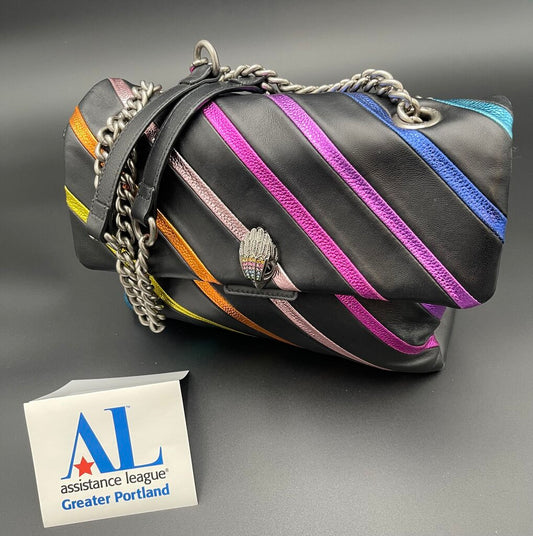 Kurt Geiger Shoulder or handle. Black with blue, green, yellow, orange and pink stripes.