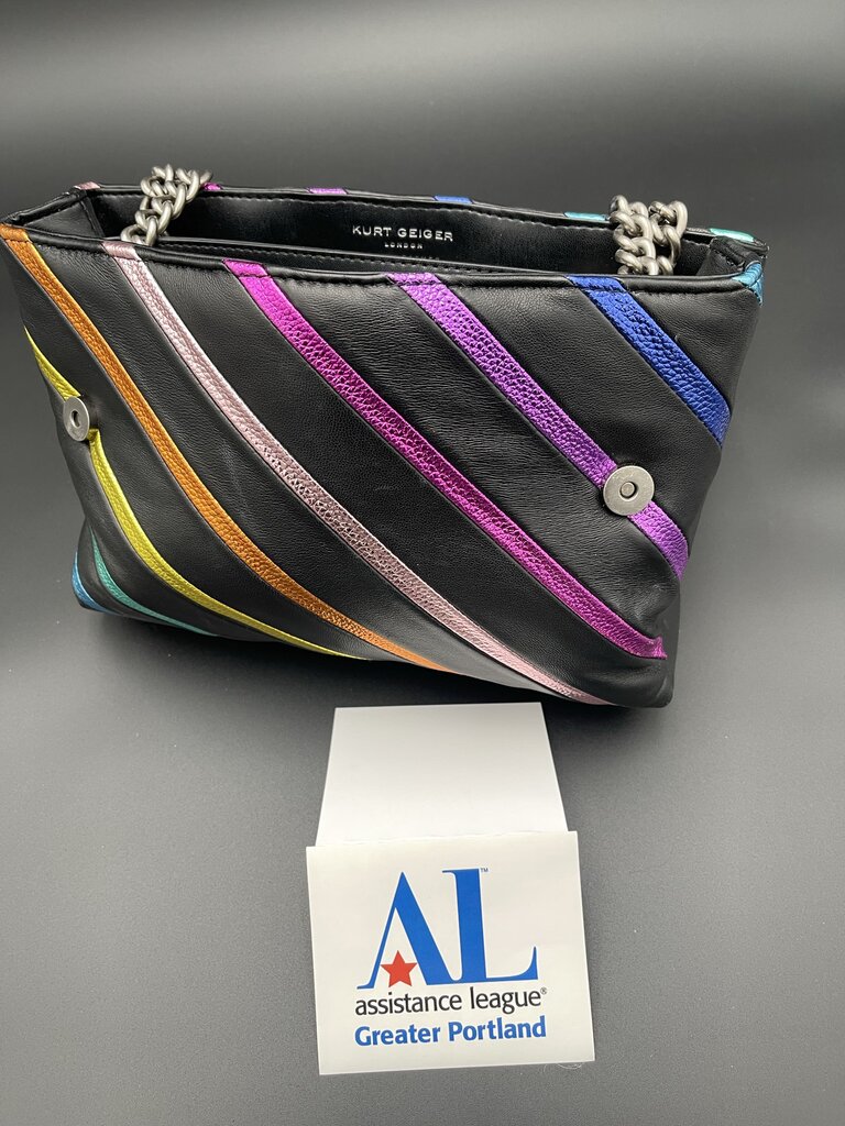 Kurt Geiger Shoulder or handle. Black with blue, green, yellow, orange and pink stripes.