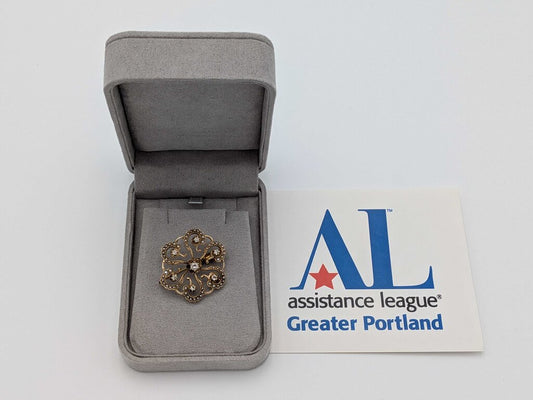 VINTAGE 14K Yellow Gold Pin with mine cut diamonds and seed pearls.