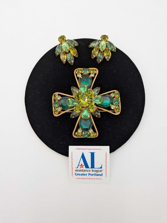 Weiss Maltese cross pin and clip earring set in goldtone with rhinestones.