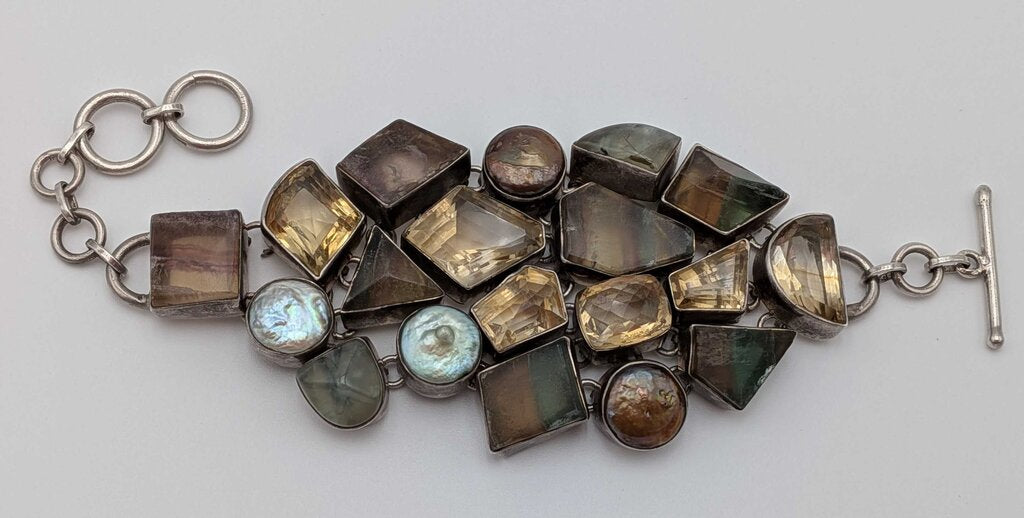 925 Silver Multi-Stone Bracelet Including Citrine, Pearl And Fluorite.