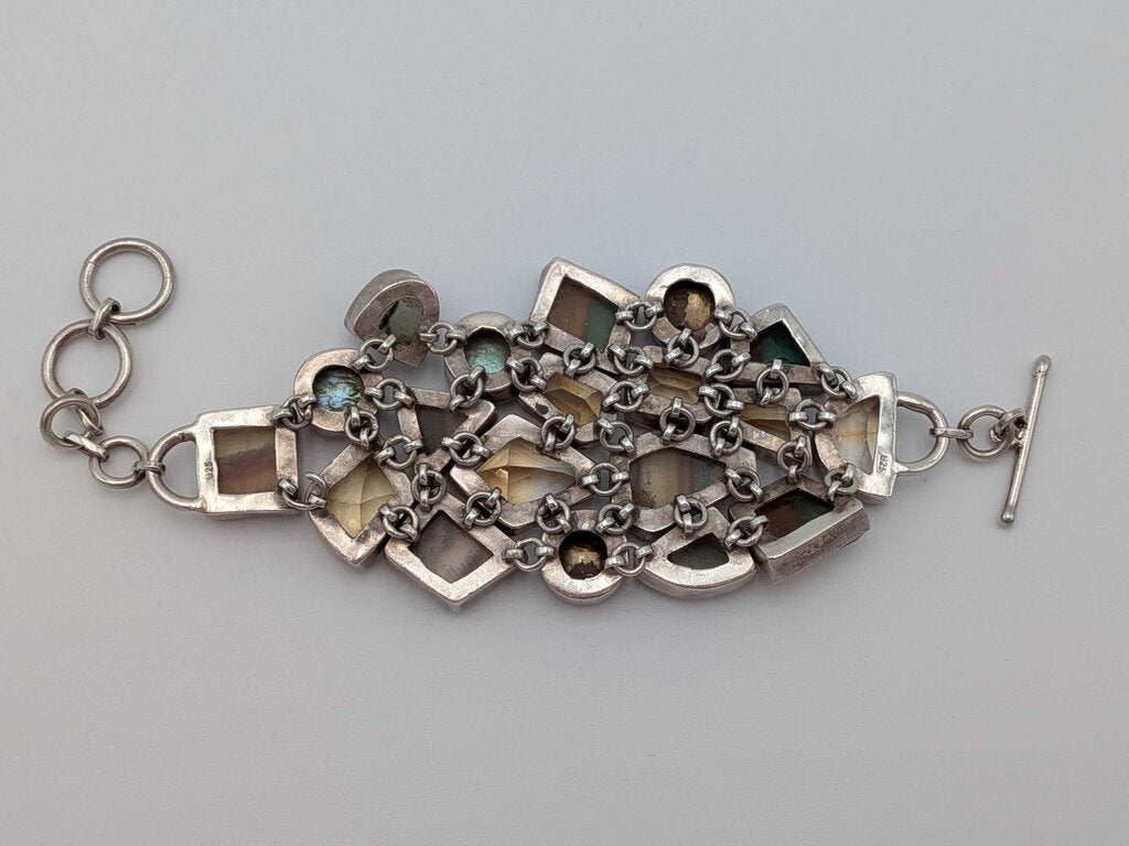 925 Silver Multi-Stone Bracelet Including Citrine, Pearl And Fluorite.