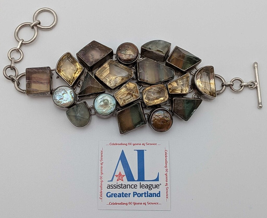 925 Silver Multi-Stone Bracelet Including Citrine, Pearl And Fluorite.