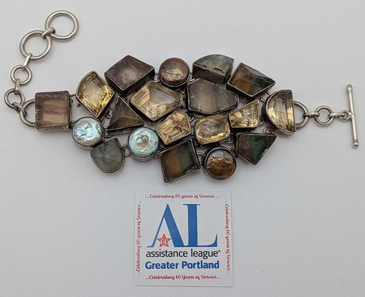925 Silver Multi-Stone Bracelet Including Citrine, Pearl And Fluorite.