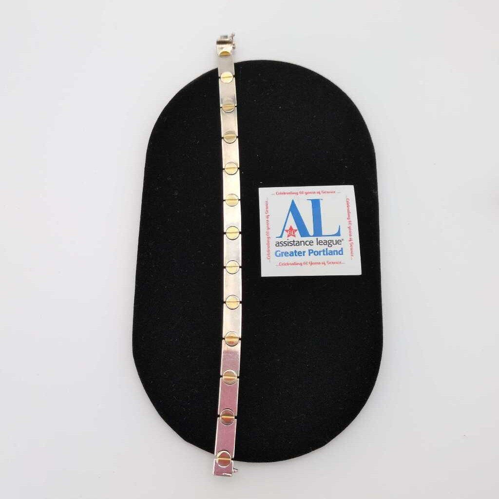 7.5" Two-Tone "Rivet" Design Bracelet In 925 Silver And Gold Vermeil.
