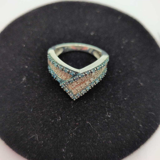 Size 6 Blue/White Pave Sapphire Chevron Ring Set In 925 Silver.