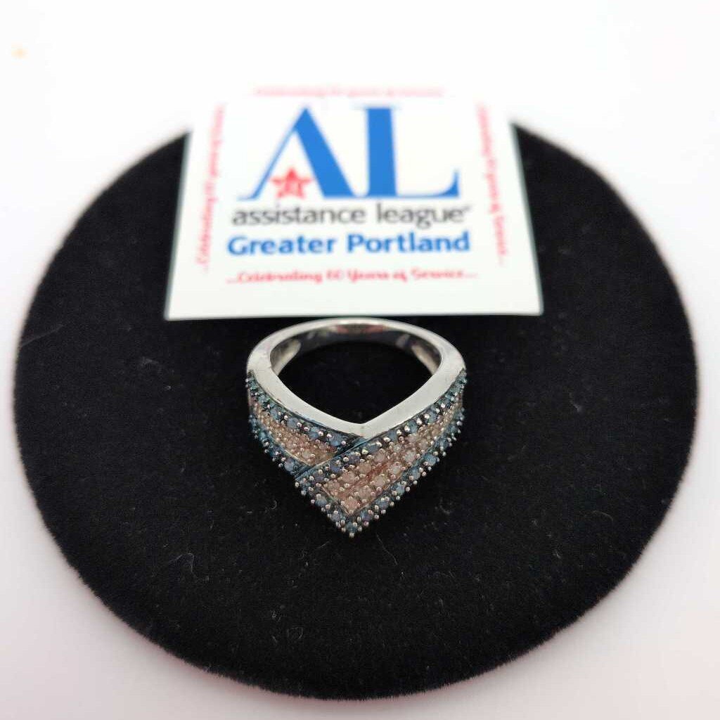 Size 6 Blue/White Pave Sapphire Chevron Ring Set In 925 Silver.