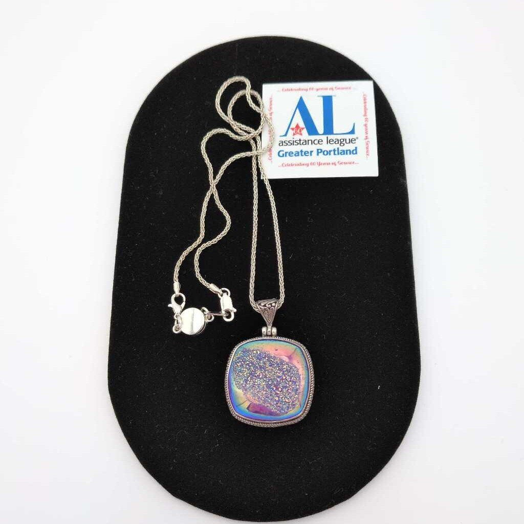 Purple Square Druzy Pendant Set In 925 Silver with 22" Chain
