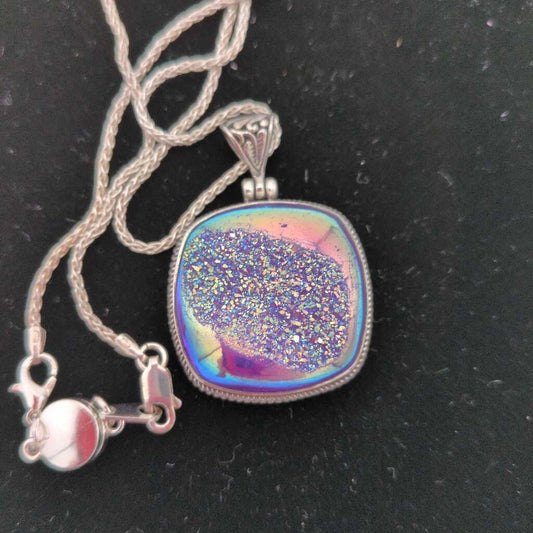 Purple Square Druzy Pendant Set In 925 Silver with 22" Chain