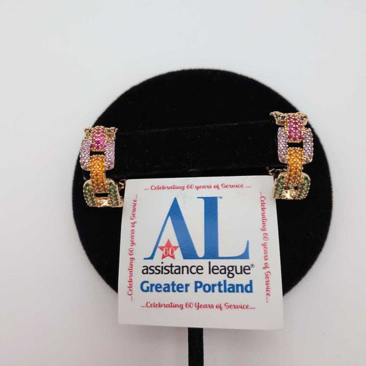 Multicolored Cubic Zirconia Pave Chain Link Hoops in a Gold Tone Setting.one