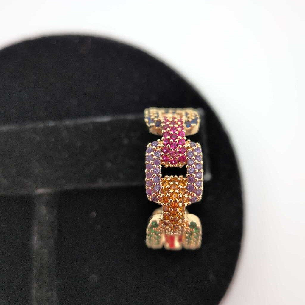 Multicolored Cubic Zirconia Pave Chain Link Hoops in a Gold Tone Setting.one