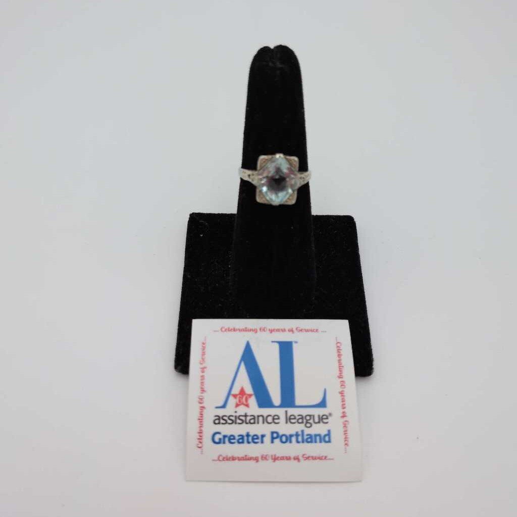 Size 7 Vintage Square Cut Aquamarine Ring in 18K White Gold