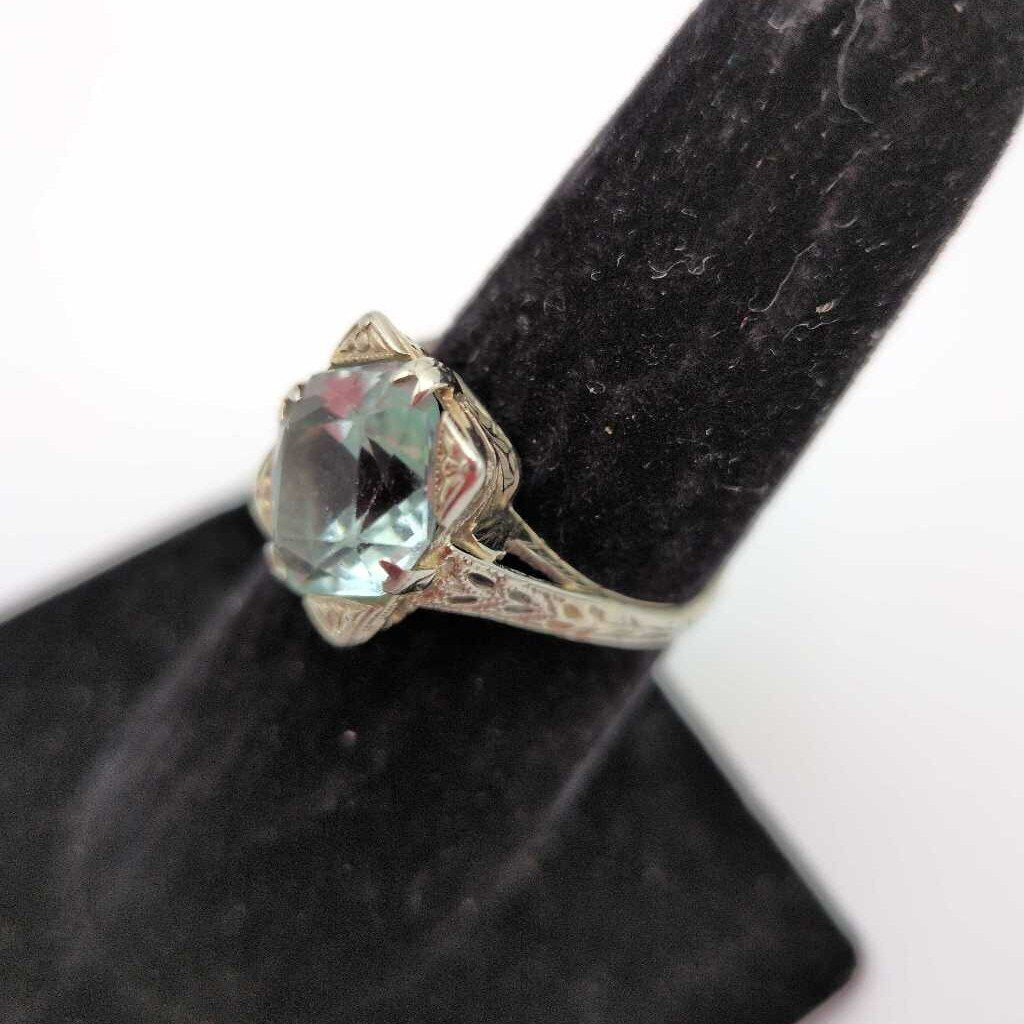 Size 7 Vintage Square Cut Aquamarine Ring in 18K White Gold