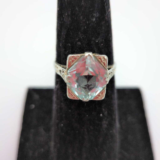 Size 7 Vintage Square Cut Aquamarine Ring in 18K White Gold